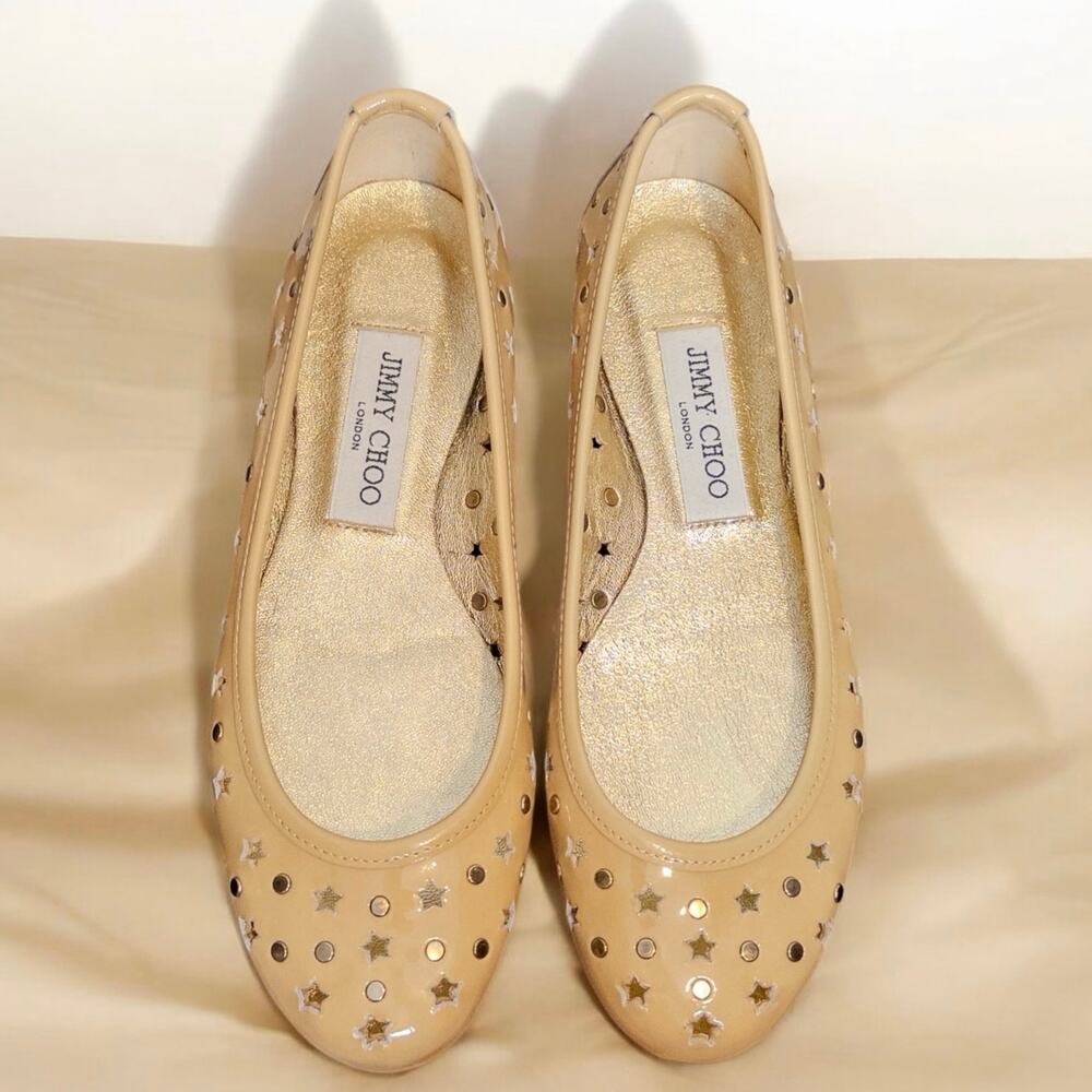 Jimmy Choo Nude Patent Leather Star Stud Ballet Flats Size 37 Made in Italy